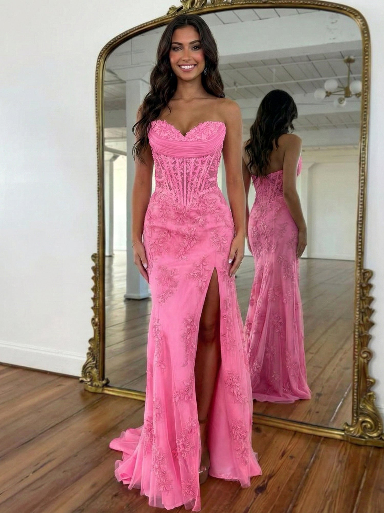 Strapless Corset Lace Floral Prom Dress with Thigh-High Slit
