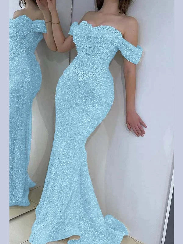 Champagne Pearl Sequin Off-the-Shoulder Mermaid Prom Dress