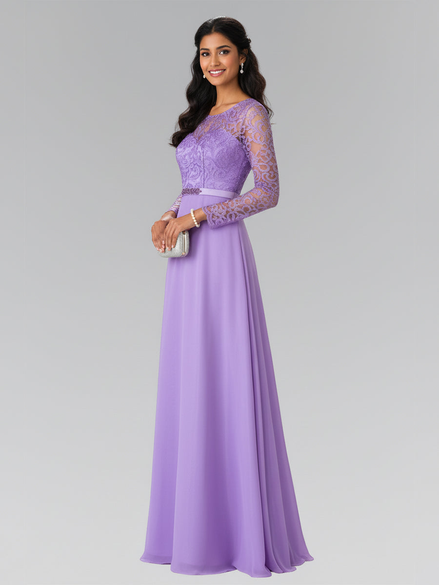 Elegant A-Line Long Lace Sleeves Gown with Beaded Waist