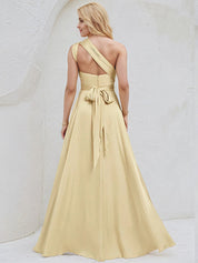 Champagne Satin A Line V Neck Short Sleeves Floor Length Bridesmaid Dress