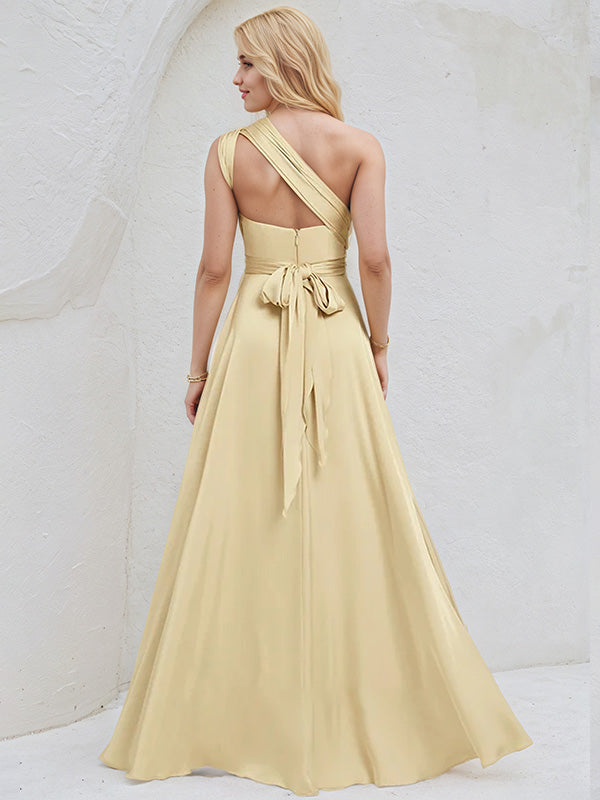 Champagne Satin A Line V Neck Short Sleeves Floor Length Bridesmaid Dress