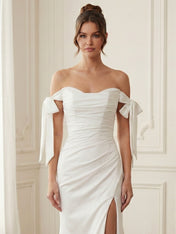 White Satin Off-the-Shoulder Bow Prom Dress
