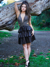 Black Halter Deep V-Neck Rhinestone Striped Tiered Ruffle Short Homecoming Dress