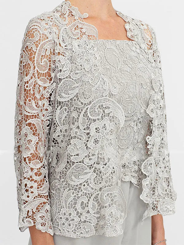 Ensemble 3 pièces en mousseline de soie avec col carré et veste pour mère de la mariée 
