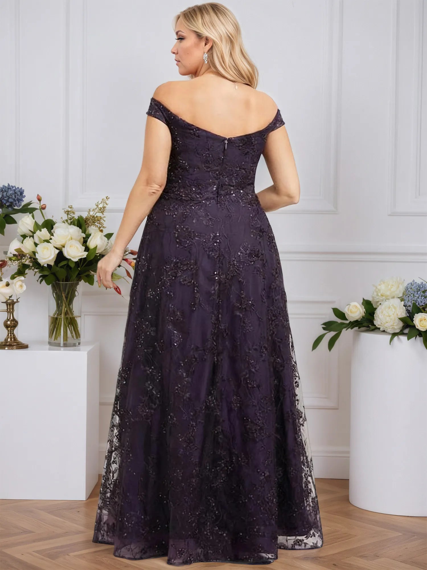 A-line Off the Shoulder Floor-Length Sequin Lace Evening Dress