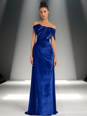 Off-Shoulder Bowknot Detail Velvet Maxi Gown Formal Evening Dress
