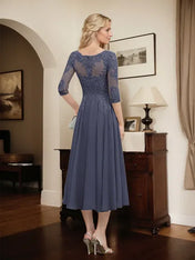 A-line Scoop Illusion Tea-Length Chiffon Lace Mother of the Bride Dress With Beading Sequins