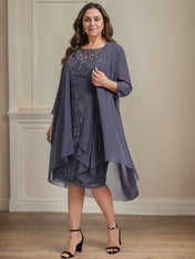 Sheath/Column Scoop Illusion Knee-Length Lace Chiffon Mother of the Bride Dress With Cascading Ruffles Sequins