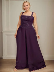 Separates Jumpsuit/Pantsuit Square Ankle-Length Lace Chiffon Mother of the Bride Dress With Sequins