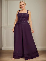 Robe de mère de la mariée en mousseline de soie, longueur cheville, avec sequins, combinaison/tailleur carré 