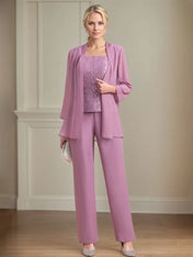 Chiffon Square Neck Sleeveless Floor Length Mother of the Bride Pantsuits