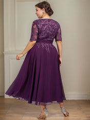A-line V-Neck Tea-Length Lace Chiffon Mother of the Bride Dress With Sequins
