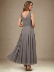 A-line V-Neck Ankle-Length Chiffon Mother of the Bride Dress With Sequins Appliques Lace Beading