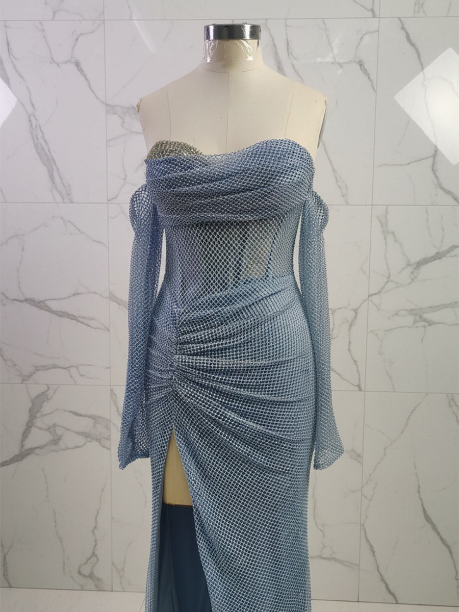 Blue Beaded Corset Long Prom Dress with Matching Gloves