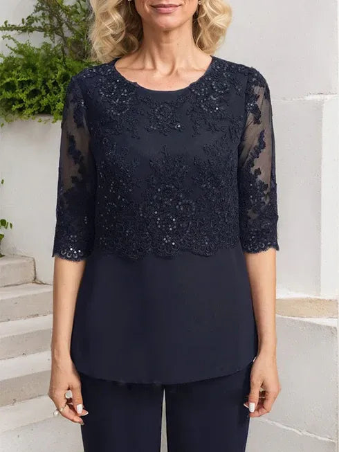 Robe de mère de la mariée en mousseline de soie et dentelle, longueur au sol, décolleté plongeant et sequins 