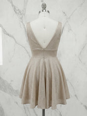 V-Neck Beaded Satin Short Homecoming Dress with Pleated Waist