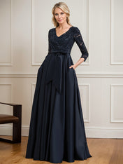 A-line V-Neck Floor-Length Satin Lace Mother of the Bride Dress With Sequins Bow