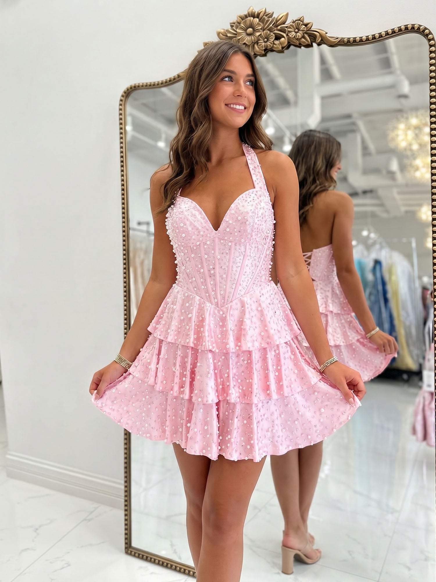 Sweetheart Beaded Corset Satin Short Homecoming Dresses with Slit