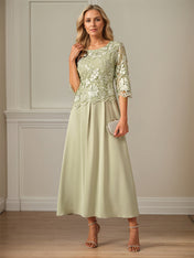 Crew Neck  A Line Ruffle Ruched Lace Maxi Dress Mother Of The Bride Dress