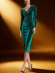 Velvet V-Neck Sheath Midi Formal Dress with Sleeves
