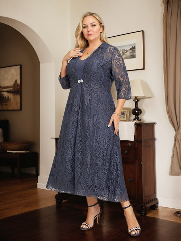 Robe de mère de la mariée en mousseline de soie, coupe trapèze, col en V et longueur thé 