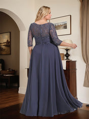 A-line Scoop Illusion Floor-Length Chiffon Lace Mother of the Bride Dress With Pleated Sequins