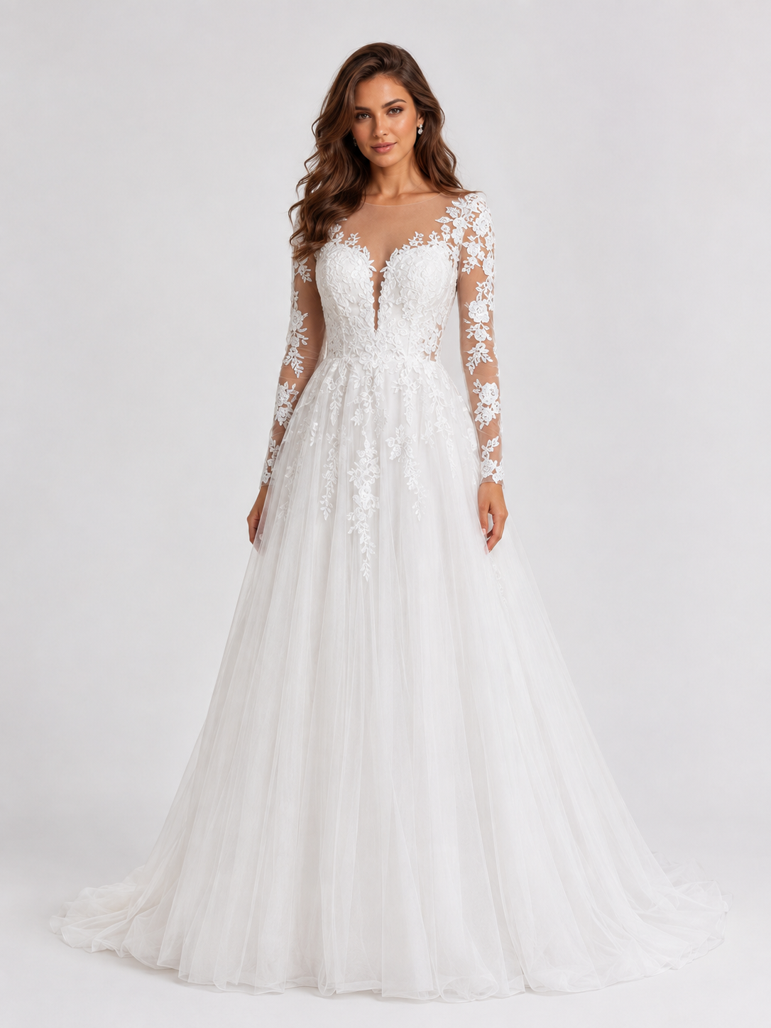 Elegant Illusion Long-Sleeve Tulle A-Line Wedding Dress with Sweep Train