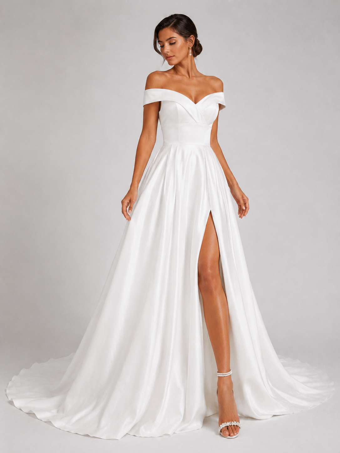 Elegant Off-the-Shoulder Ruched Satin A-Line Wedding Dress with High Slit and Chapel Train