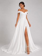 Elegant Off-the-Shoulder Ruched Satin A-Line Wedding Dress with High Slit and Chapel Train