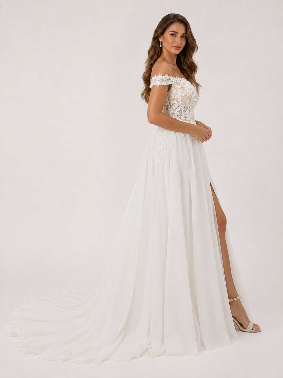 Elegant Off-the-Shoulder Lace Applique Chiffon A-Line Wedding Dress with High Slit and Sweep Train