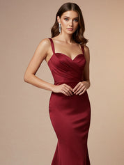 Red Mermaid Sweetheart Floor-Length Satin Prom Dress with Pleated