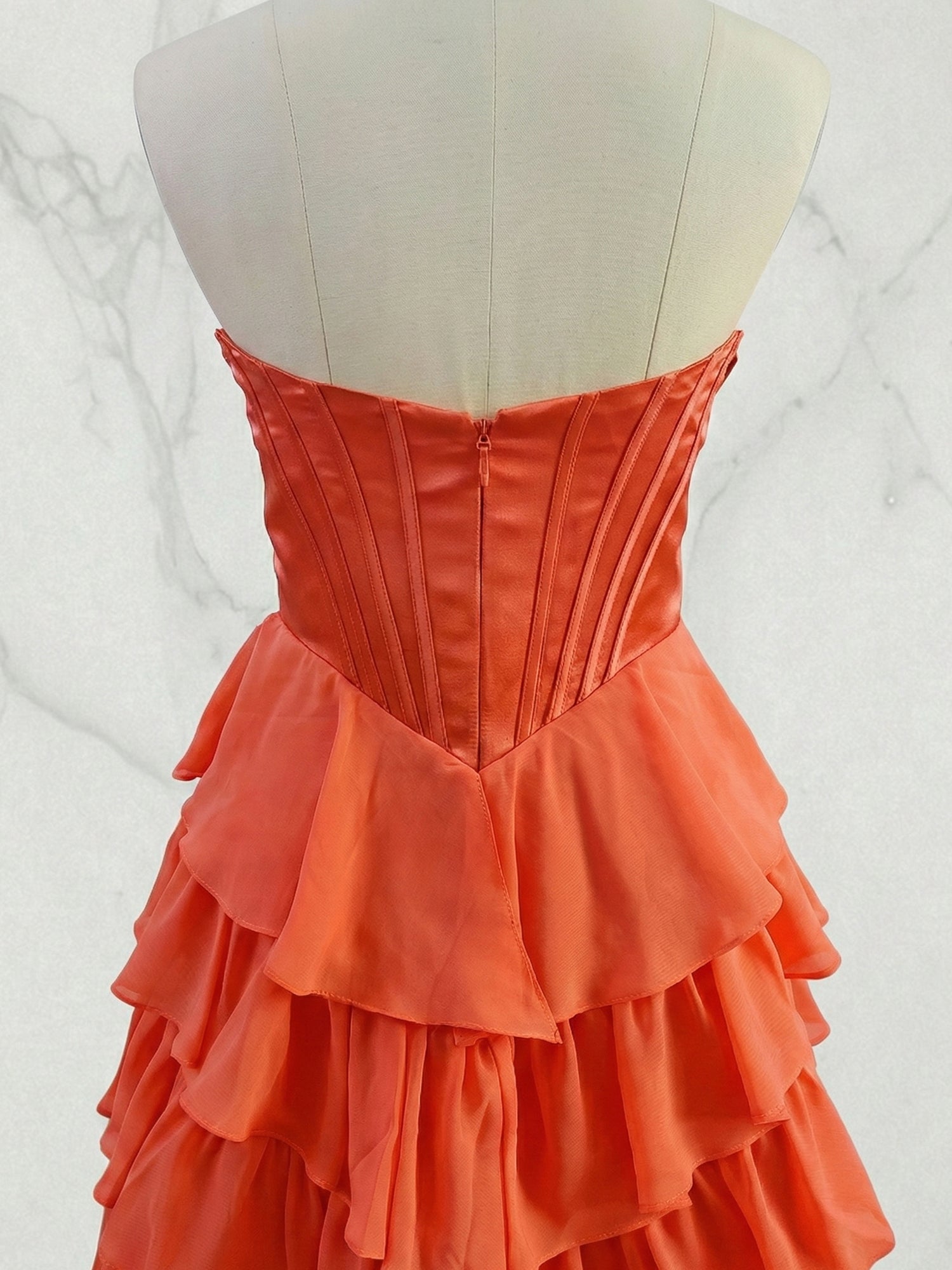 A Line Strapless Satin Corset Long Prom Dress with Ruffle Skirt