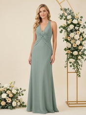 V Neck A Line Chiffon Pleat Halter Neck Long Bridesmaid Dresses