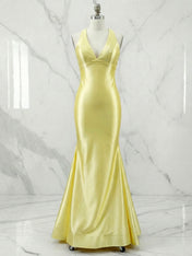 V Neck Mermaid Satin Long Prom Dress with Side Cutouts