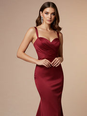 Red Mermaid Sweetheart Floor-Length Satin Prom Dress with Pleated
