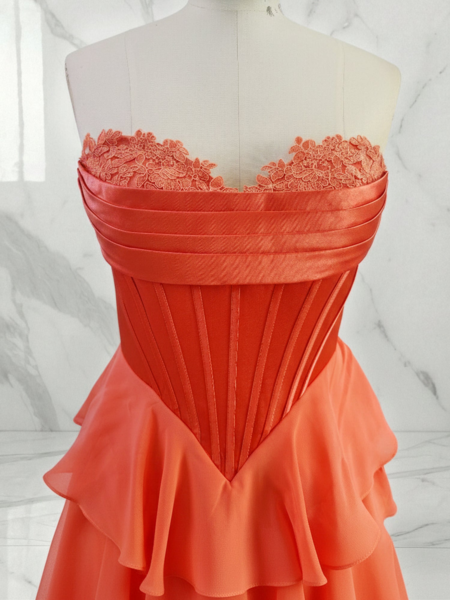 A Line Strapless Satin Corset Long Prom Dress with Ruffle Skirt