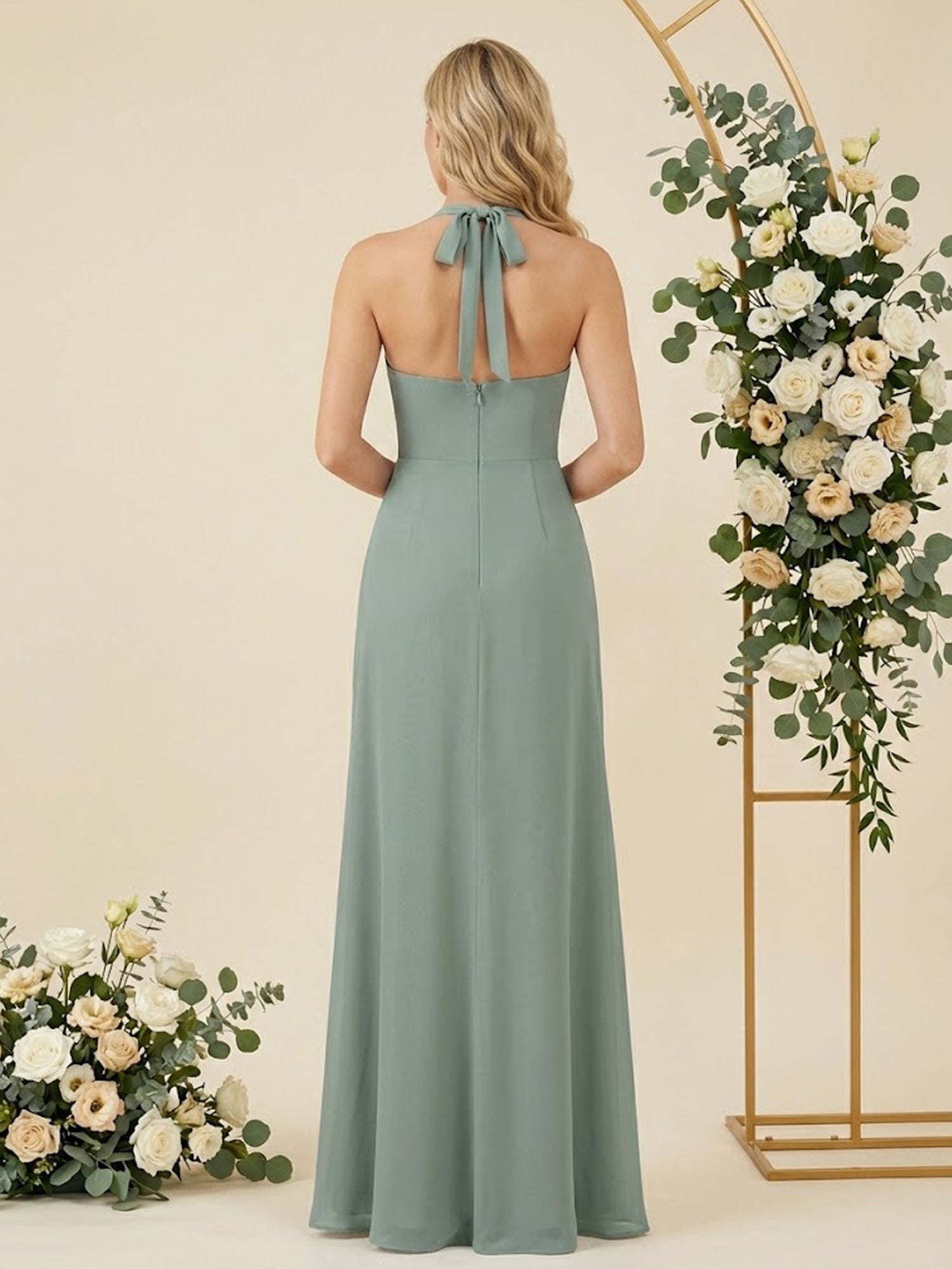 V Neck A Line Chiffon Pleat Halter Neck Long Bridesmaid Dresses