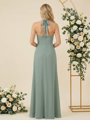 V Neck A Line Chiffon Pleat Halter Neck Long Bridesmaid Dresses