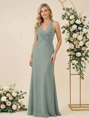 V Neck A Line Chiffon Pleat Halter Neck Long Bridesmaid Dresses