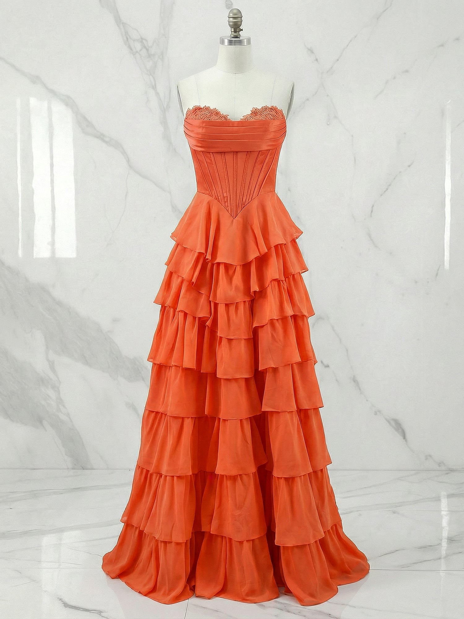 A Line Strapless Satin Corset Long Prom Dress with Ruffle Skirt