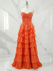 A Line Strapless Satin Corset Long Prom Dress with Ruffle Skirt