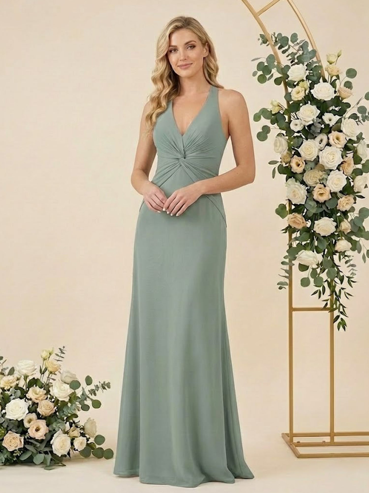 V Neck A Line Chiffon Pleat Halter Neck Long Bridesmaid Dresses