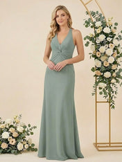 V Neck A Line Chiffon Pleat Halter Neck Long Bridesmaid Dresses