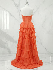 A Line Strapless Satin Corset Long Prom Dress with Ruffle Skirt