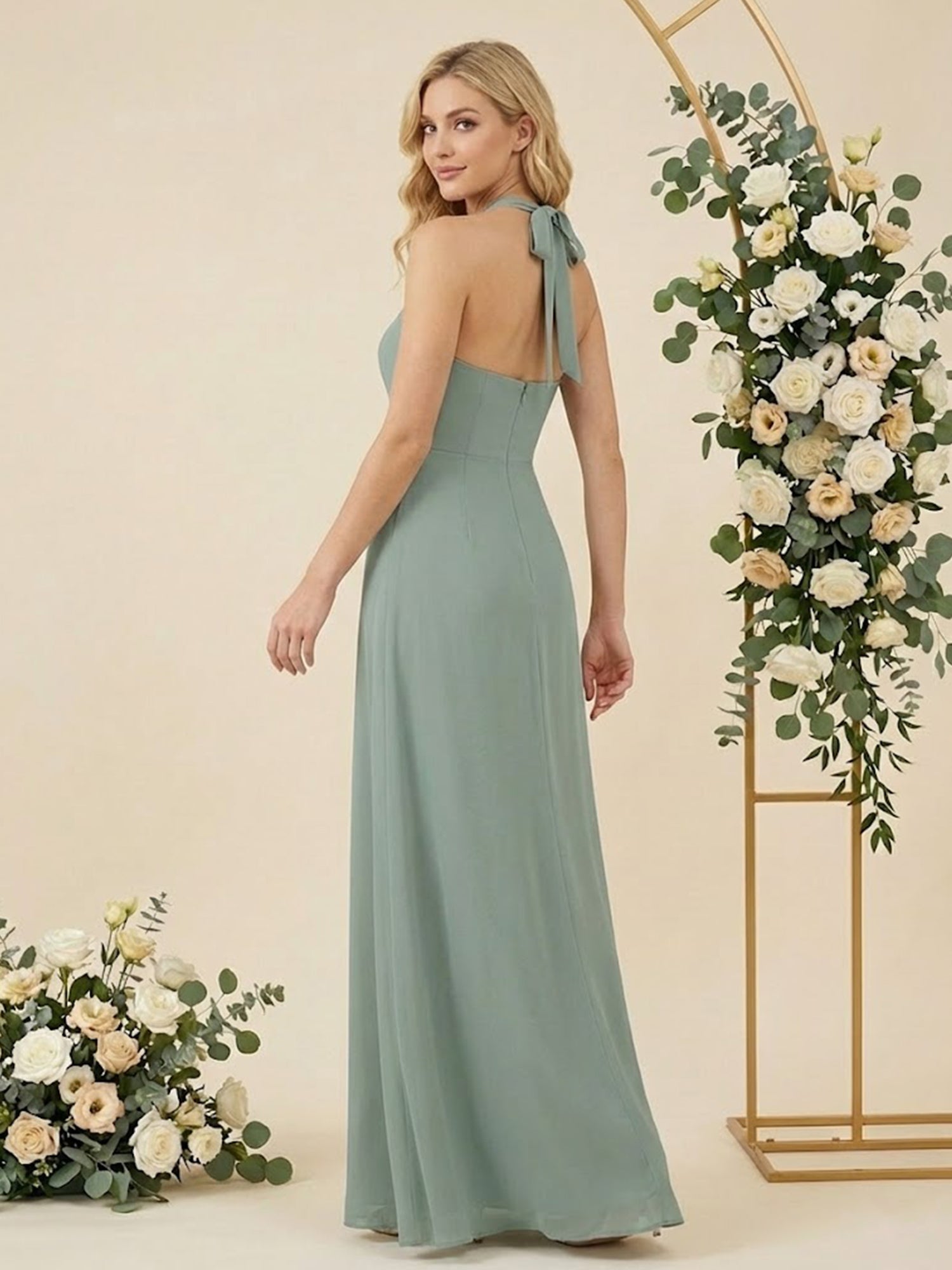 V Neck A Line Chiffon Pleat Halter Neck Long Bridesmaid Dresses