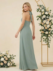 V Neck A Line Chiffon Pleat Halter Neck Long Bridesmaid Dresses