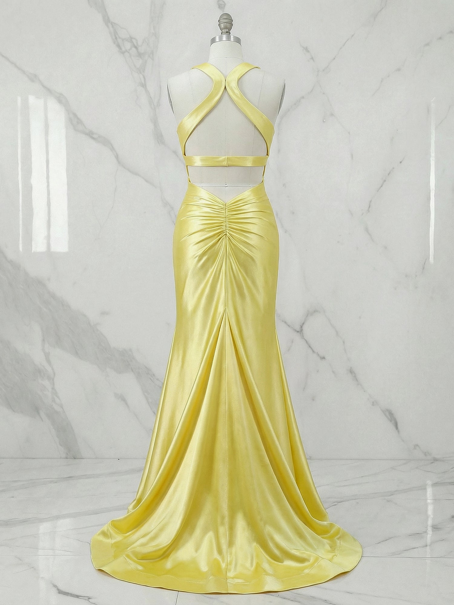 V Neck Mermaid Satin Long Prom Dress with Side Cutouts