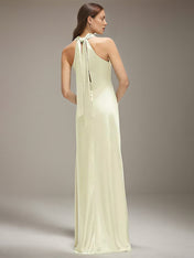 Ivory Satin Halter Neck Sleeveless Floor Length Dress