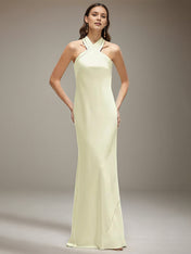 Ivory Satin Halter Neck Sleeveless Floor Length Dress