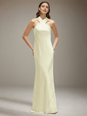 Ivory Satin Halter Neck Sleeveless Floor Length Dress